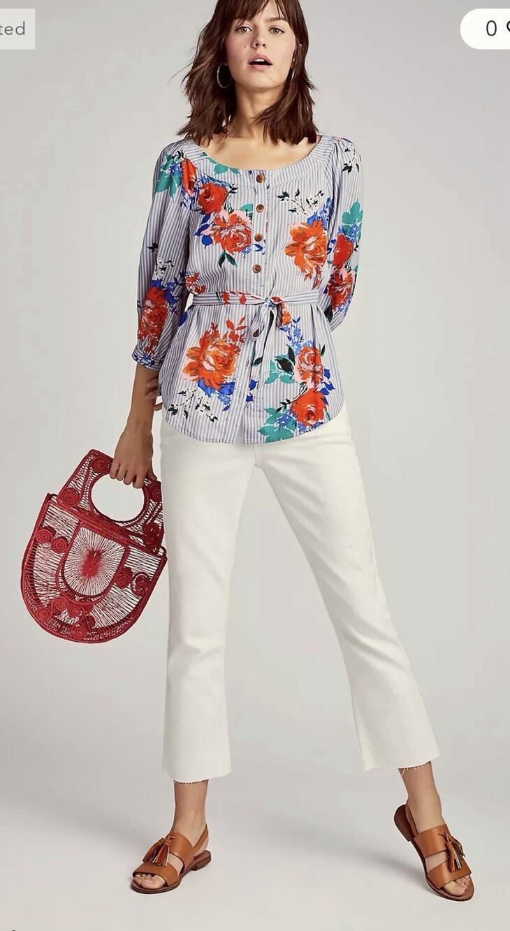 Maeve Anthropologie Top Lilorne Floral Button sz 6 Shirt blue victorian romantic
